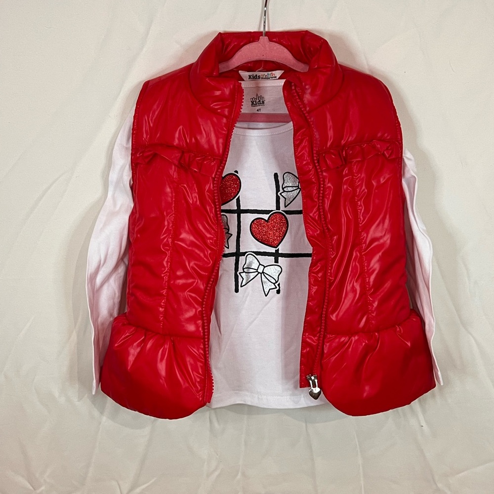 NWT ❤️ Kids Headquarters Heart Graphic Long Sleeve Tee & Red Puffer Vest, 4T